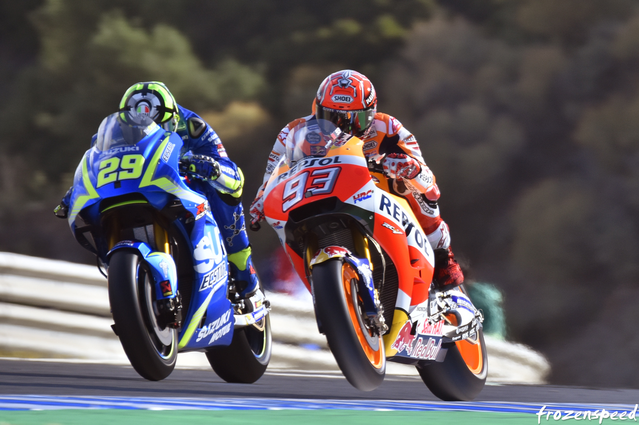 Marquez and Iannone accelerating on to the back straight